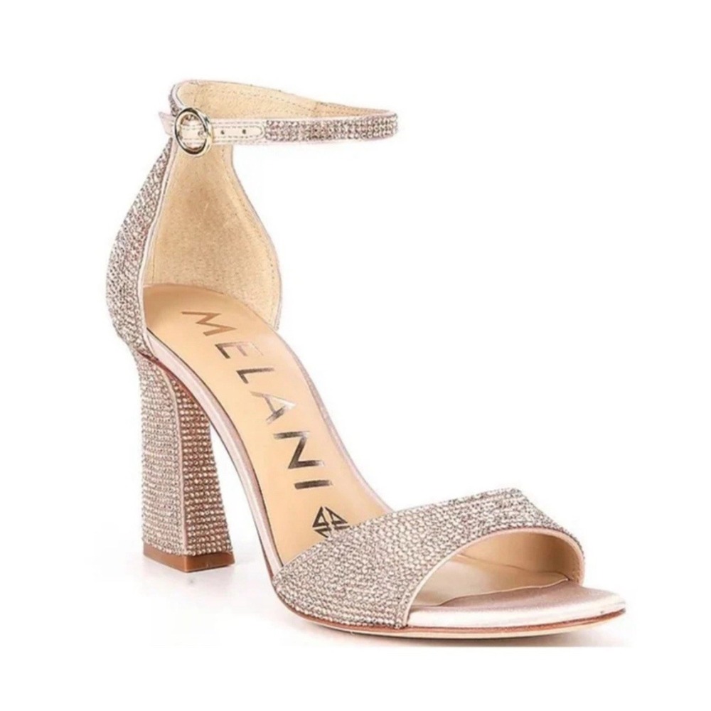 Antonio Melani Beige Blaire Rhinestone Jeweled Hotfix Sandals Heels Festive 10‎